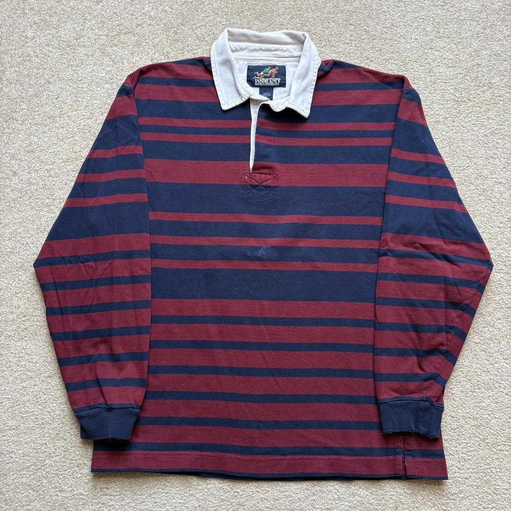 Vtg Lands‎ End Rugby Shirt Mens Medium Navy Burgundy Stripe Long Sleeve 90s